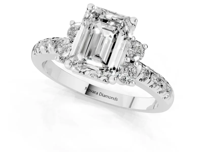 Emerald Cut Side Stone Pave Engagement Ring Setting | Paired Round Accents | Platinum