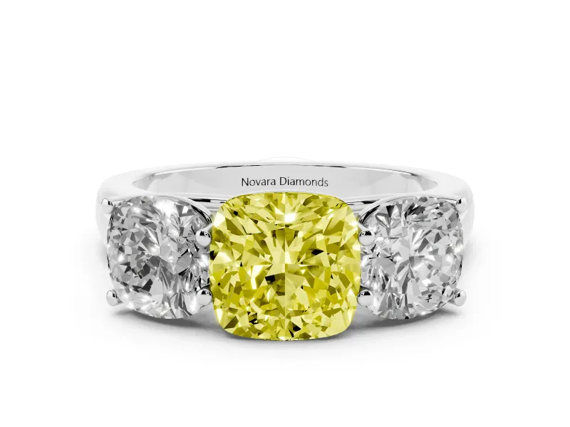 Fancy Yellow Cushion Cut Diamond Three-Stone Ring Set in White gold with Plain Polished Band