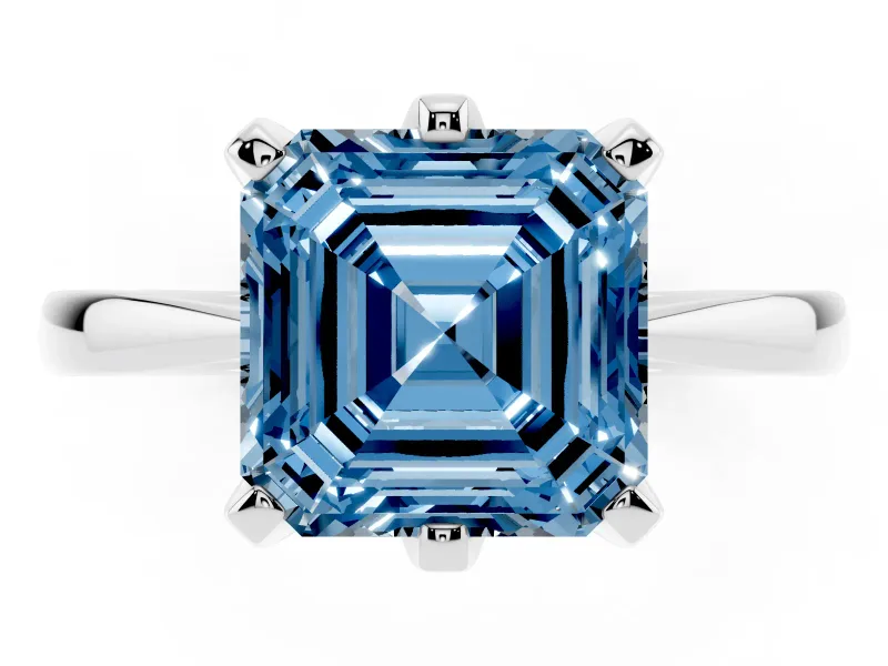 Fancy Blue Asscher Cut Diamond Solitaire Engagement Ring Set in Platinum with Slim Tapered Solitaire Band