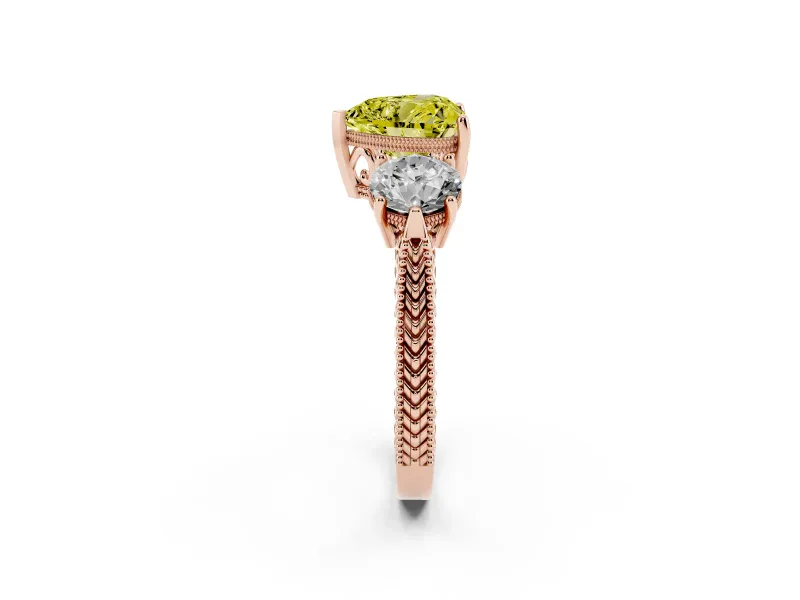 Fancy Yellow Heart Cut Diamond Three-Stone Ring Set in Rose gold with Milgrain Band