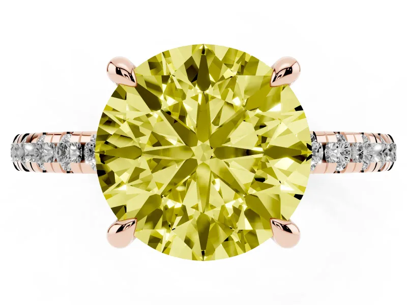 Fancy Yellow Round Cut Diamond Brilliant Solitaire Ring Set in Rose gold with Pavé Band and Prong Setting