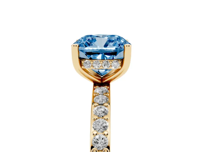 Fancy Blue Cushion Cut Diamond Pavé Band Ring Set in Yellow gold with Prong-Set Center Stone