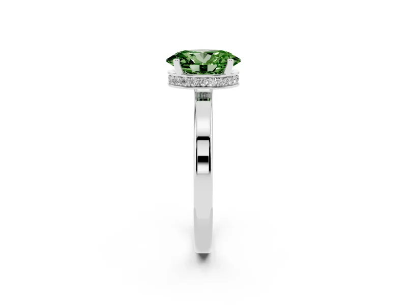 Fancy Green Oval Cut Diamond Solitaire Engagement Ring Set in Silver with Prong Setting on a Plain Band