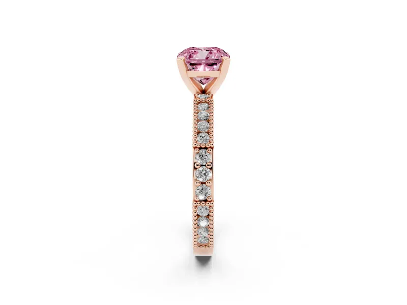 Fancy Pink Cushion Cut Diamond Solitaire Ring Set in Rose gold with Slim Pavé Band and Prong Setting