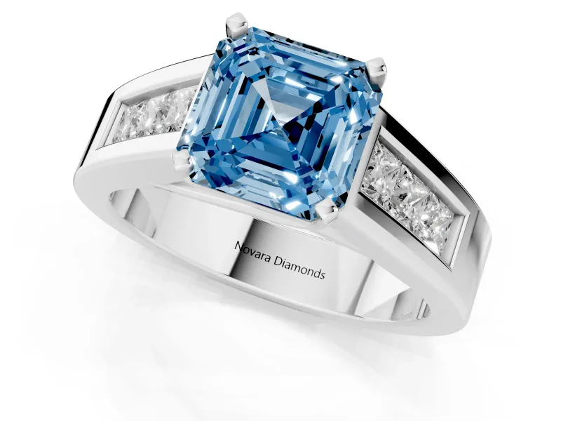 Fancy Blue Asscher Cut Diamond Solitaire Ring Set in Silver with Channel-Set Accent Stones and Prong Setting