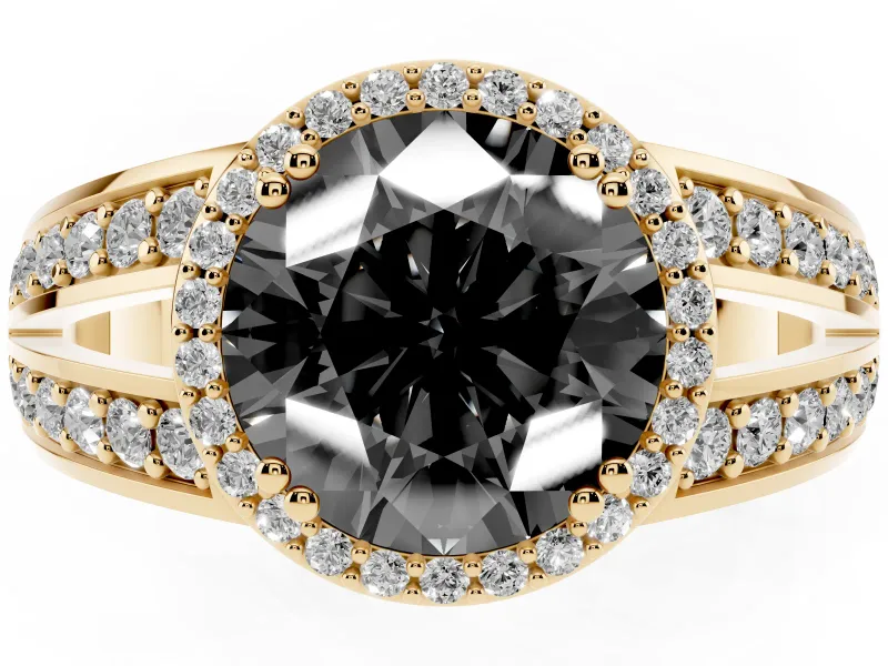 Round Halo Engagement Ring Setting for a Black Center | Two-Row Pavé Split Shank | Yellow Gold