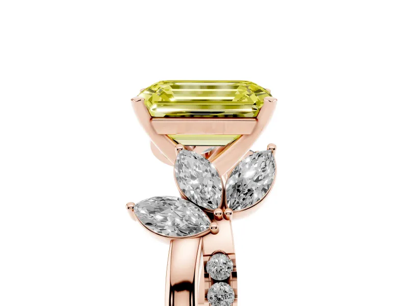 Fancy Yellow Emerald Cut Diamond Floral Vine Solitaire Engagement Ring Set in Rose gold with Marquise Leaves