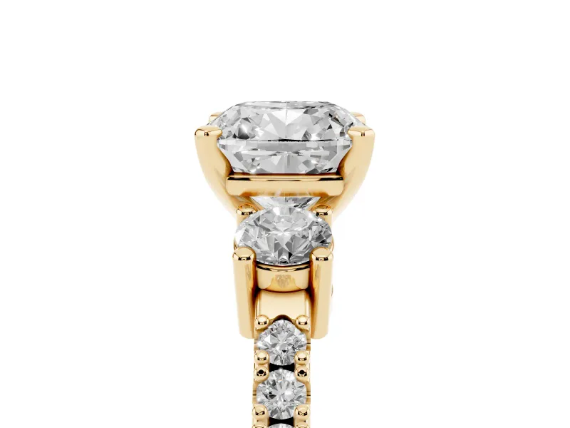 Three-Stone Cushion Cut Diamond Pavé Band Ring Set in Yellow gold with Prong Setting