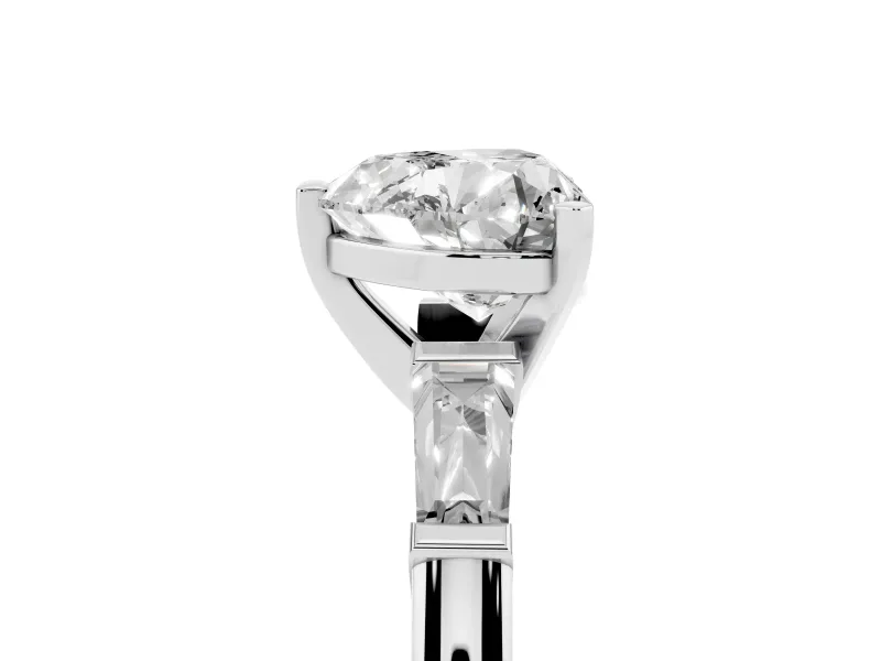 Heart Cut Diamond Solitaire Ring Set in Silver with Tapered Baguette Side Stones and Prong Setting