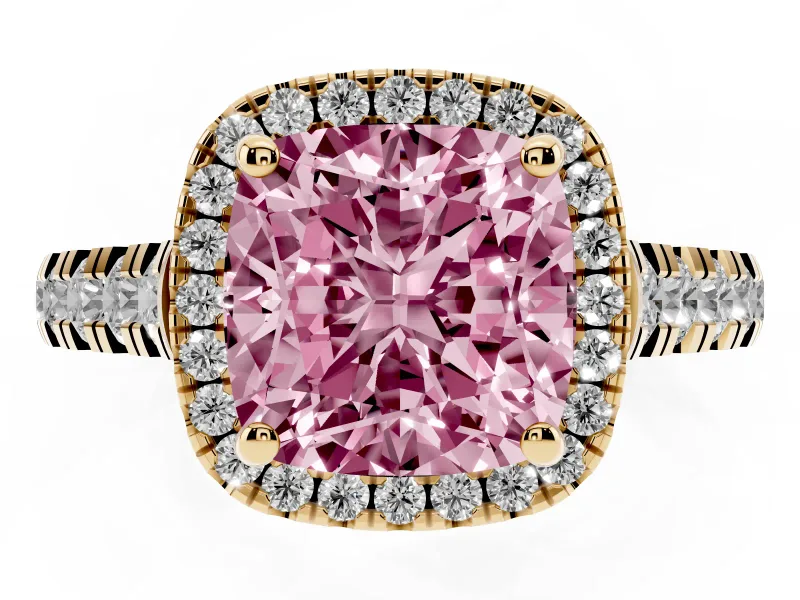 Cushion Cut Accented Halo Engagement Ring Setting for a Fancy Pink Lab-Grown Diamond | Yellow Gold