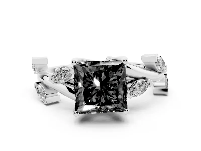 Fancy Black Princess Cut Diamond Solitaire Ring Set in White gold with Twisted Marquise Accent Band