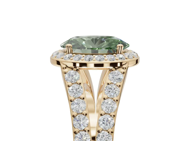 Oval Halo Pavé Engagement Ring Setting for a Fancy Green Lab-Grown Diamond | Narrow Split Shank | Yellow Gold