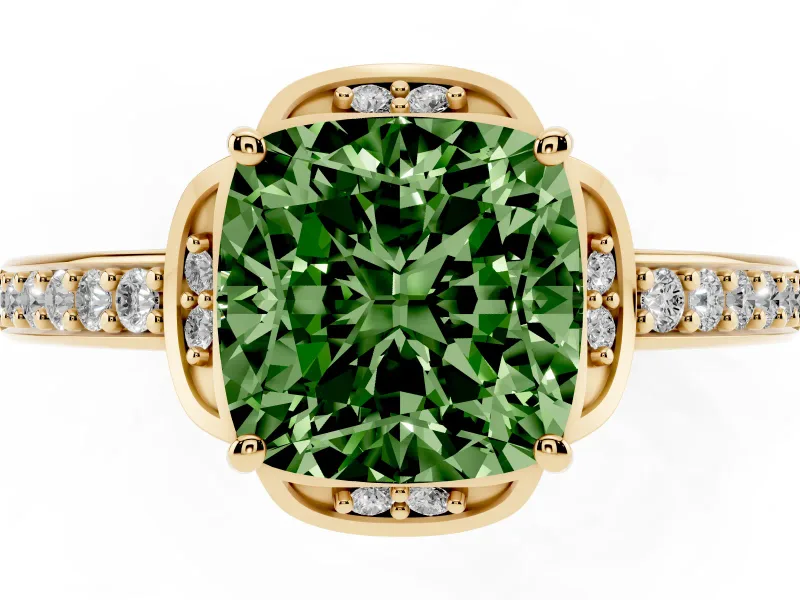 Cushion Cut Floral Pavé Engagement Ring Setting for a Fancy Green Lab-Grown Diamond | Yellow Gold