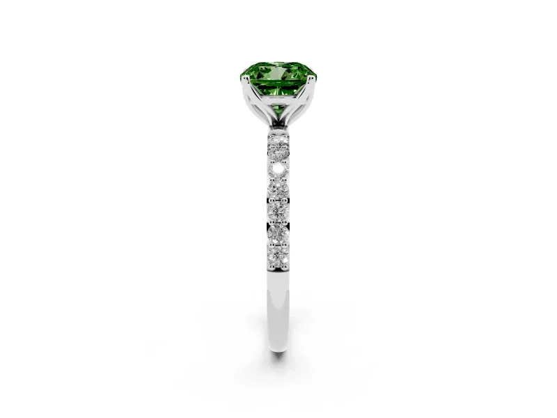 Fancy Green Cushion Cut Diamond Solitaire Engagement Ring Set in Silver with Round Pavé Band and Prong Setting