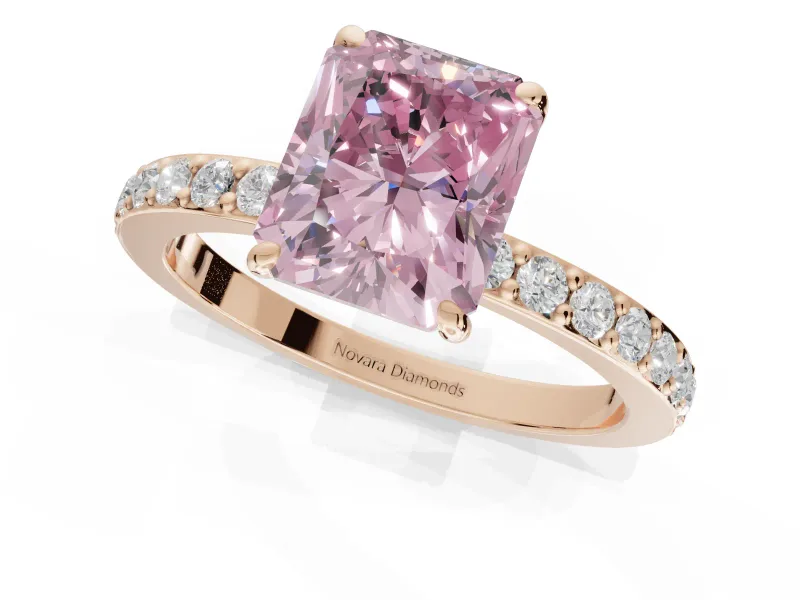 Radiant Cut Hidden Halo Engagement Ring Setting for a Fancy Pink Lab-Grown Diamond | Pavé Band | Rose Gold