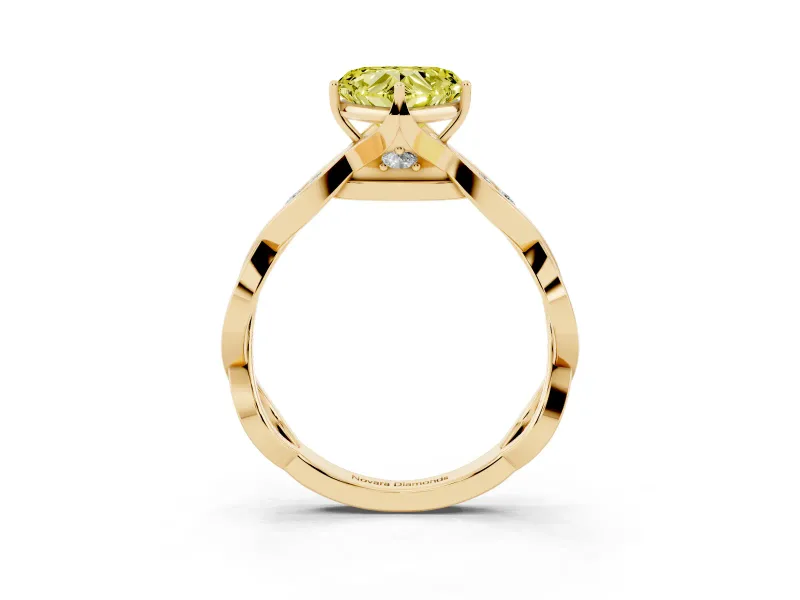 Fancy Yellow Heart Cut Diamond Twist Band Solitaire Ring Set in Yellow gold with Leaf Prong Setting and Accent Stones