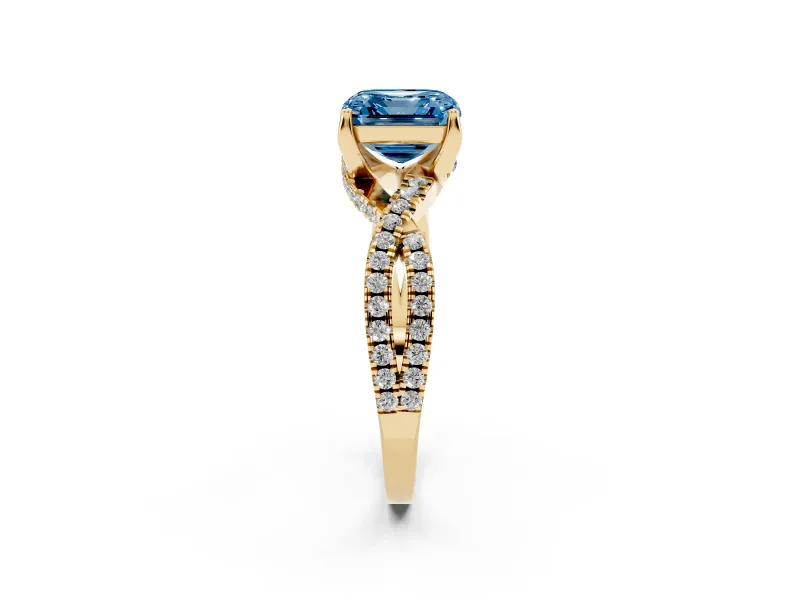 Asscher Cut Twisted Pave Engagement Ring Setting for a Fancy Blue Lab-Grown Diamond | Split Shank | Yellow Gold