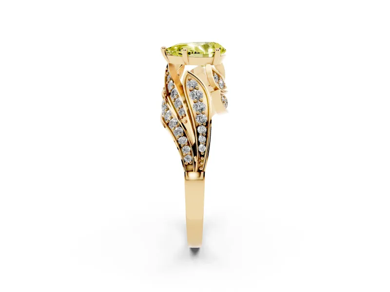 Fancy Yellow Pear Cut Diamond Solitaire Ring Set in Yellow gold with Layered Twist Pavé Band