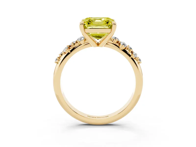 Fancy Yellow Asscher Cut Diamond Solitaire Vine Band Ring Set in Yellow gold with Round Accents and Prong Setting