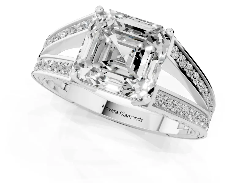 Asscher Cut Diamond Split Shank Ring Set in Silver with Pavé Band and Prong Setting