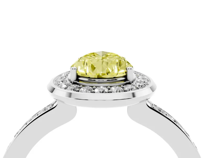 Fancy Yellow Pear Cut Diamond Halo Ring Set in Silver with Bezel Frame and Pavé Band
