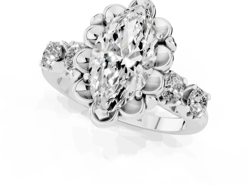 Marquise Floral Engagement Ring Setting | Petal Frame and Side Stones | White Gold