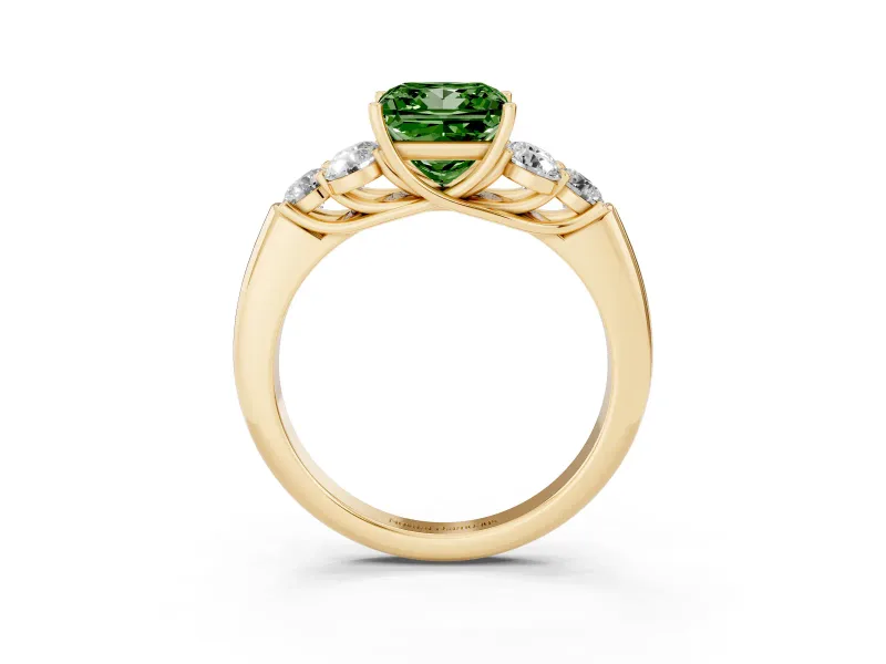 Fancy Green Princess Cut Diamond Cluster Ring Set in Yellow gold with Round Accent Stones and Prong Setting on a Plain Band