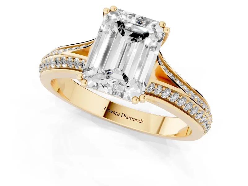Emerald Cut Pave Split Shank Engagement Ring Setting | Double Claw Prongs | Yellow Gold