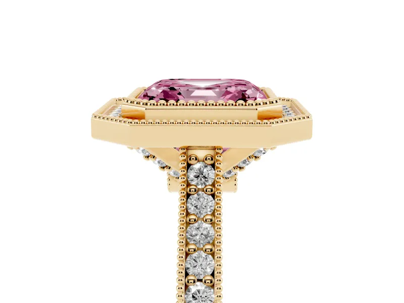 Asscher Cut Vintage Milgrain Halo Engagement Ring Setting for a Fancy Pink Lab-Grown Diamond | Bezel Head | Yellow Gold