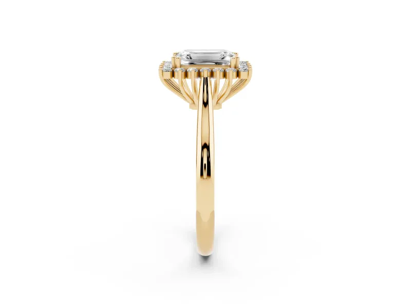 Emerald Cut Diamond Halo Ring Set in Yellow gold with Plain Solitaire Band and Prong Setting