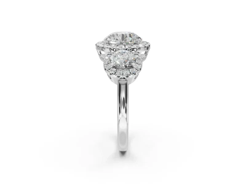 Round Three Stone Halo Engagement Ring Setting | Haloed Side Stones | Sterling Silver