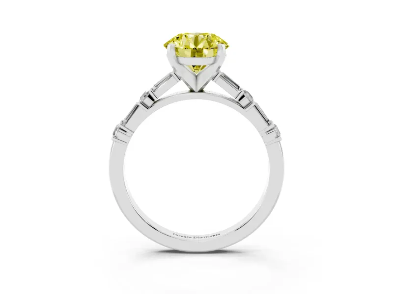 Fancy Yellow Round Cut Diamond Solitaire Set in White gold with Side Baguettes and Channel Set Band