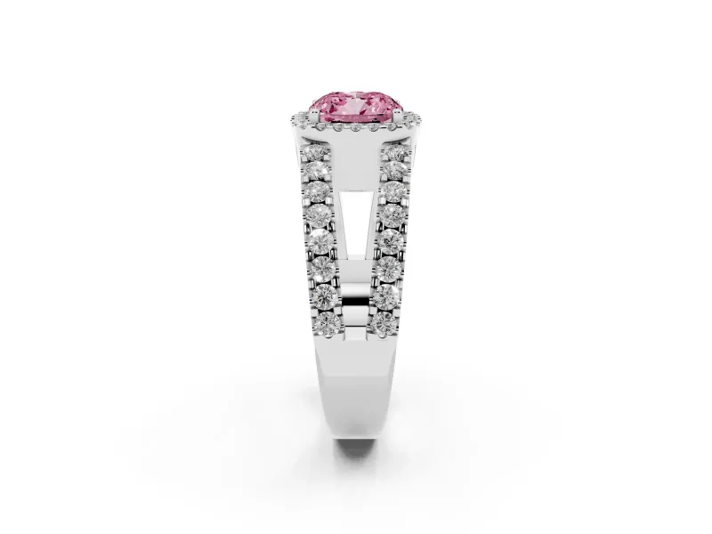 Fancy Pink Cushion Cut Diamond Halo Ring Set in Platinum with Pavé Split Shank and Prong Setting