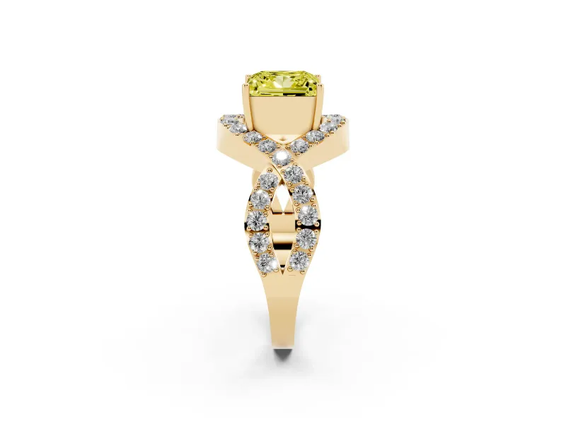 Fancy Yellow Princess Cut Diamond Solitaire Twist Band Pavé Engagement Ring Set in Yellow gold