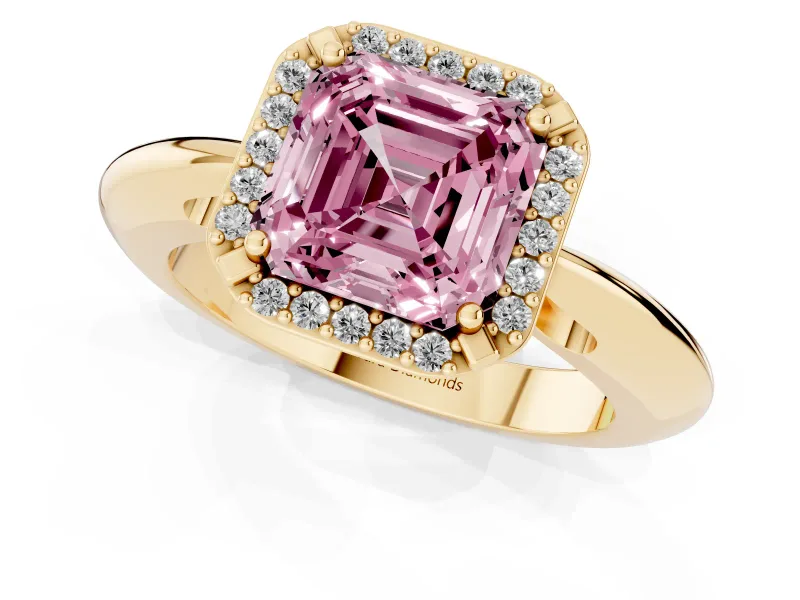 Asscher Cut Halo Engagement Ring Setting for a Fancy Pink Lab-Grown Diamond | Plain Tapered Band | Yellow Gold