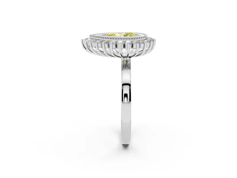 Fancy Yellow Pear Cut Diamond Halo Ring Set in White gold with Milgrain Edge and Round Prong Setting