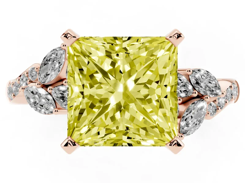 Fancy Yellow Princess Cut Diamond Solitaire Ring Set in Rose gold with Marquise Twist Band and Prong Setting