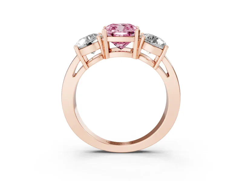 Cushion Cut Three Stone Engagement Ring Setting for a Fancy Pink Lab-Grown Diamond | Wide Plain Band | Rose Gold