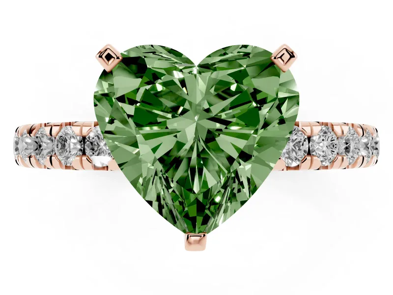Fancy Green Heart Cut Diamond Pavé Solitaire Ring Set in Rose gold with Round Band and Prong Setting