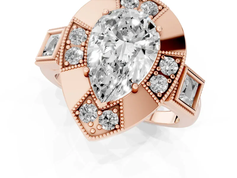 Pear Cut Diamond Milgrain Halo Ring Set in Rose gold with Split Shank