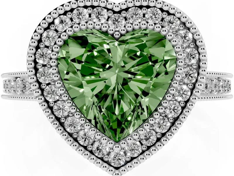 Fancy Green Heart Cut Diamond Round Halo Ring Set in Platinum with Pavé Band