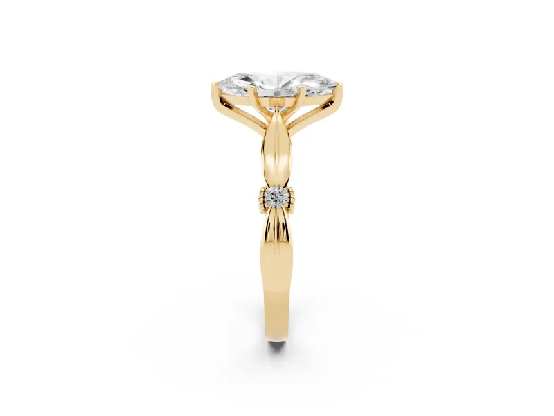 Marquise Cut Diamond Solitaire Twisted Band Ring Set in Yellow gold with Accent Stones and Prong Setting
