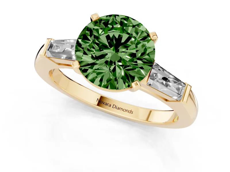 Fancy Green Round Cut Diamond Solitaire Ring Set in Yellow gold with Tapered Baguette Side Stones and Prong Setting