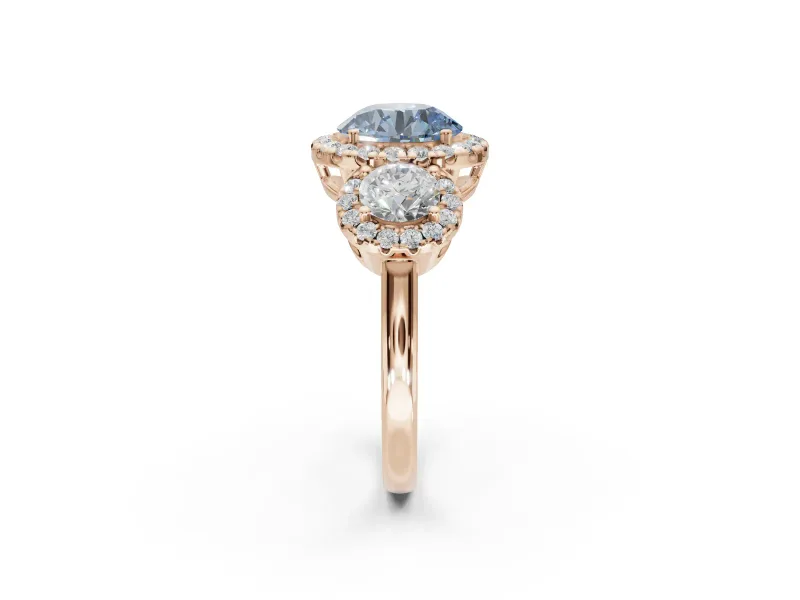 Round Three Stone Halo Engagement Ring Setting for a Fancy Blue Lab-Grown Diamond | Rose Gold