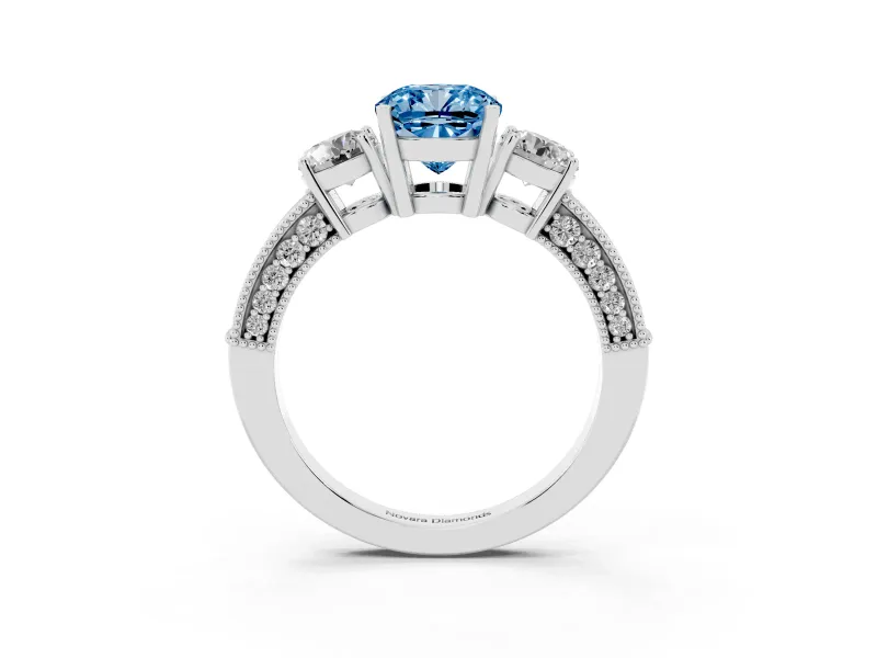 Fancy Blue Cushion Cut Diamond Three-Stone Ring Set in Silver with Round Side Stones and Pavé Band