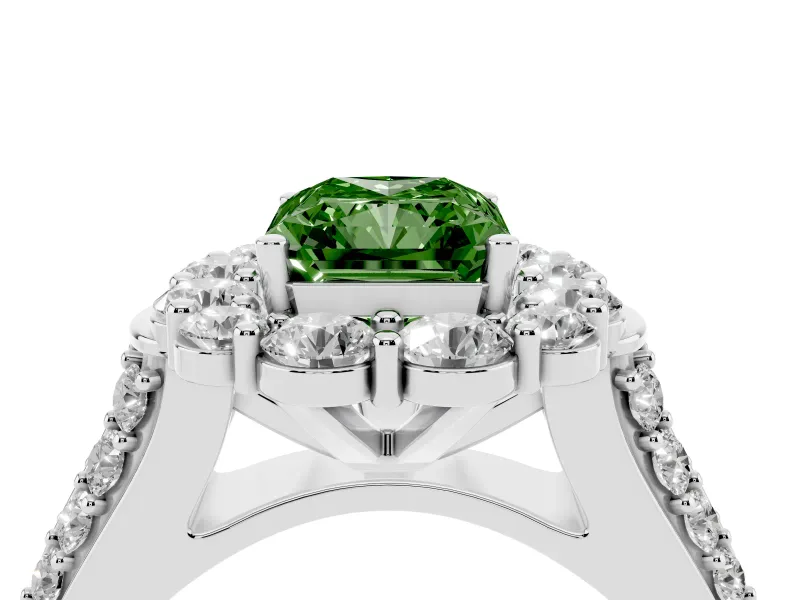 Fancy Green Radiant Cut Diamond Halo Engagement Ring Set in Platinum with Split Shank and Prong Setting