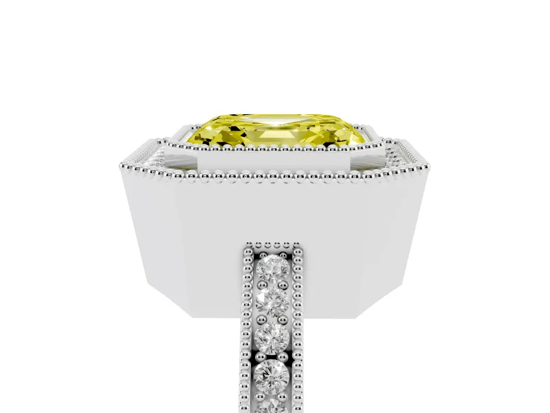 Fancy Yellow Asscher Cut Diamond Halo Ring Set in White gold with Pavé Band and Milgrain-Edged Prongs