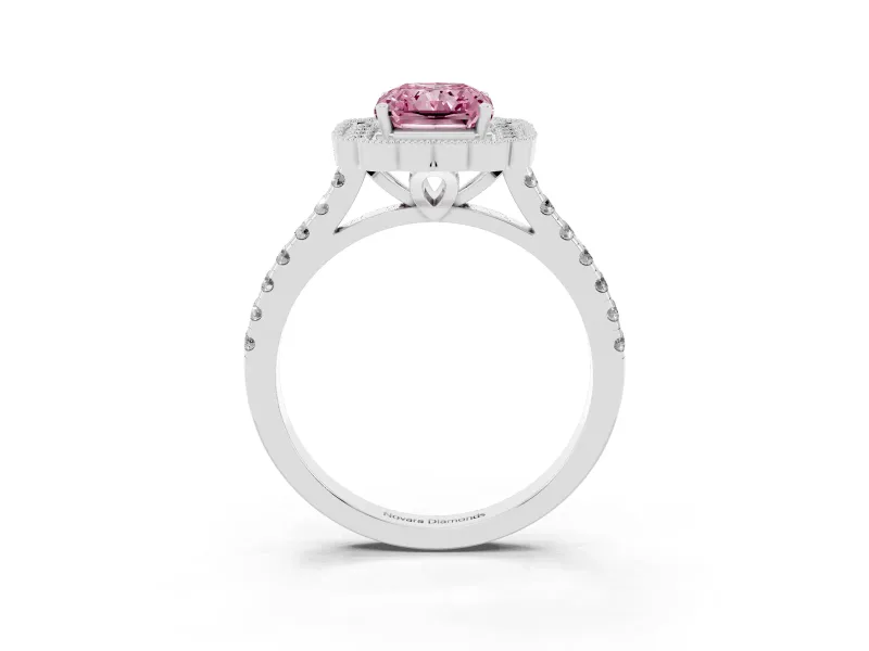Fancy Pink Radiant Cut Diamond Milgrain Floral Halo Engagement Ring Set in Platinum with Pavé Band