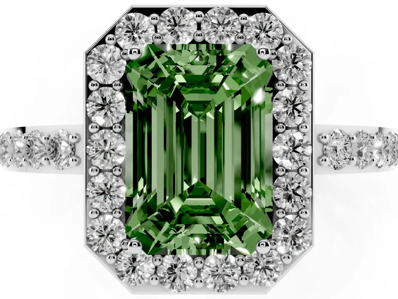 Fancy Green Emerald Cut Diamond Halo Ring Set in White gold with Pavé-Setting Band and Open Prong Center