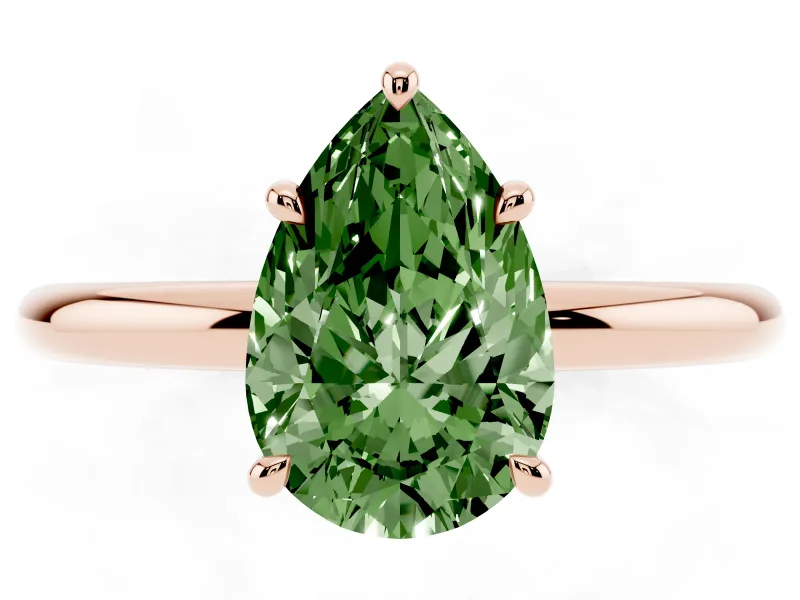Fancy Green Pear Cut Diamond Solitaire Ring Set in Rose gold with Thin Band and Prong Setting